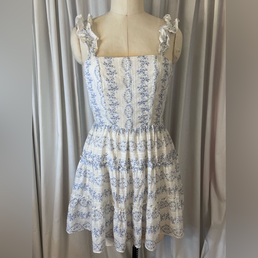 SAYLOR Cream and Blue Floral Cottagecore Corset Mini Dress